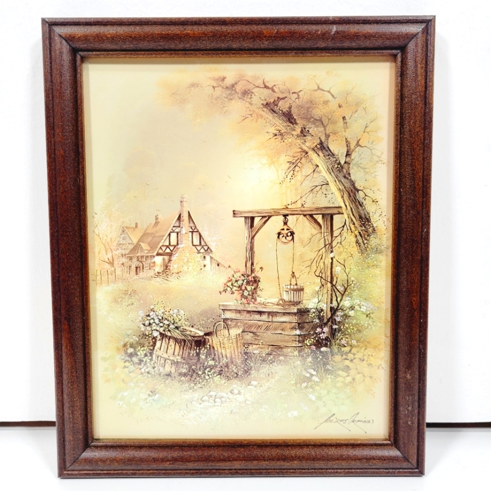 Vintage Farmhouse Boho Wood Framed & Signed Lithograph by Andres Orpinas